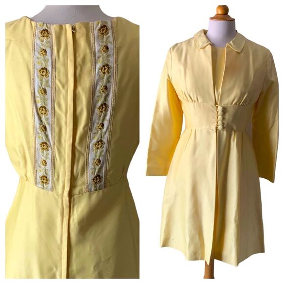 Vintage Dresses & Skirts - Vintage 1960s Emma Domb California Pastel Butter Yellow Dress & Jacket Size 8